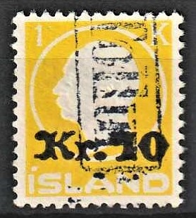 FRIMÆRKER ISLAND | 1925 - AFA 111 - Provisorier - 10 kr./1 kr. gul - OBS! Tollur Stemplet